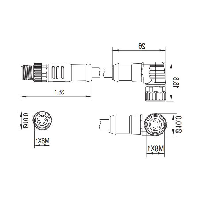 M8 4Pin、母头90°转公头直型、双端预铸PUR柔性电缆、带屏蔽、黑色护套、63D165-XXX