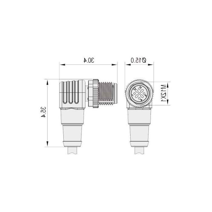 M12 4Pin、公头90°、耐高温120℃、单端预铸PUR柔性电缆、黑色护套、64H161-XXX